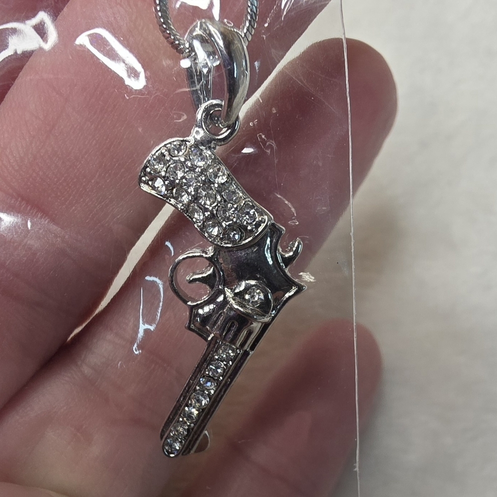 Sparkling Silver Revolver Pistol Pendant Necklace